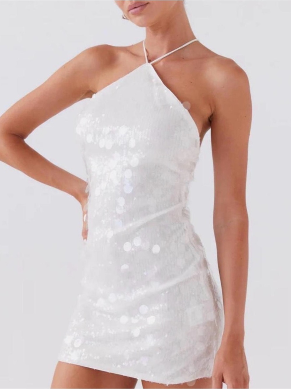 Peppermayo White Sequin Halter Mini Dress
